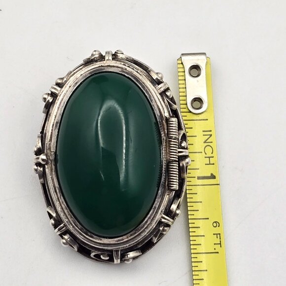VTG Taxco Sterling Silver Locket Brooch Pin w/ Green Agate Oval Cabochon 1950s - Picture 9 of 13